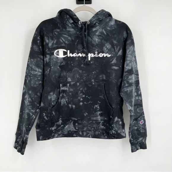 NWT Champion Reverse Weave Black Gray Tie Dye Pullover Hoodie Women’s Size Large - Picture 1 of 8